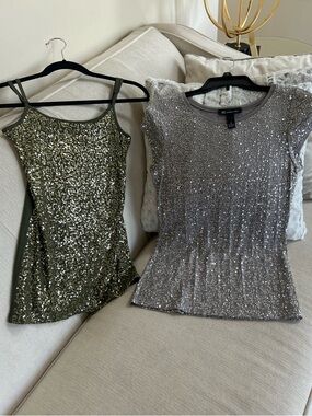 INC International Concepts Olive Sequin Tank & Silver Sequin Tee Set